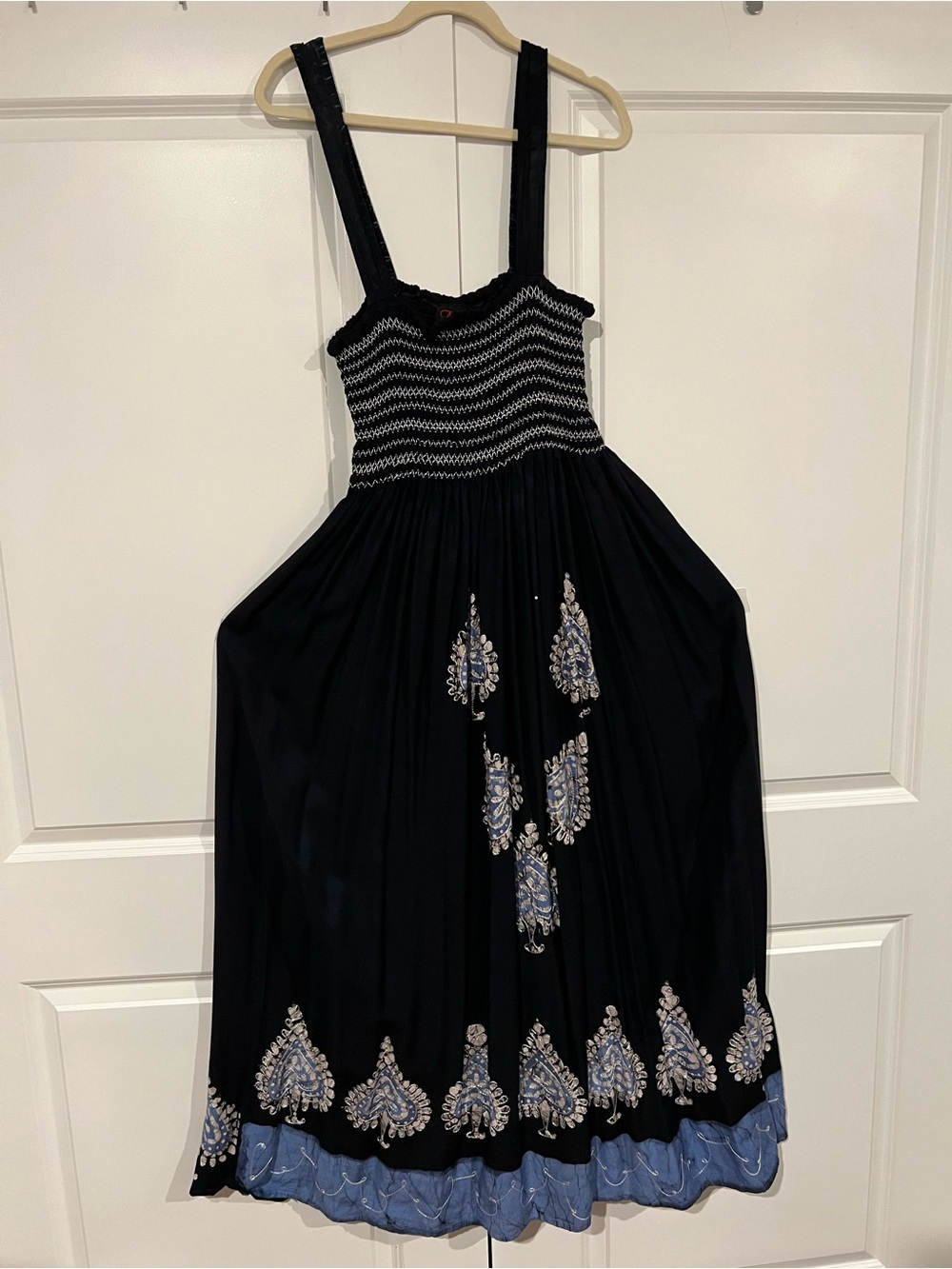 Black Midi Dress with Blue Embroidered Border and Smocked Bodice